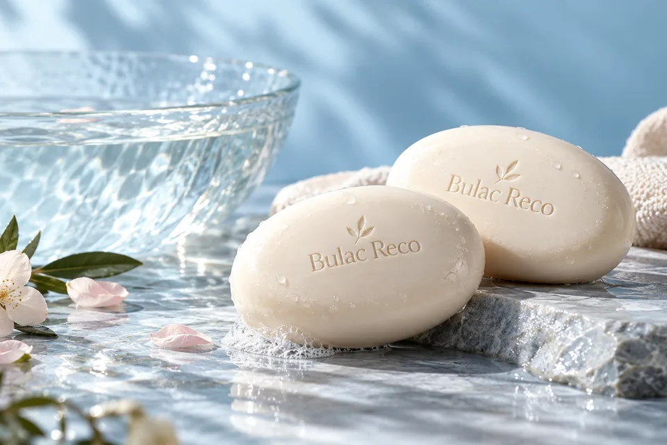 Ivory soap bars on pale blue wet stone beside a translucent bowl