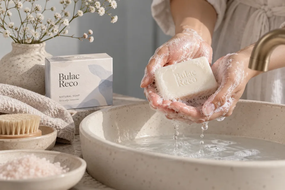 Hands making a soft soap lather over a ceramic basin