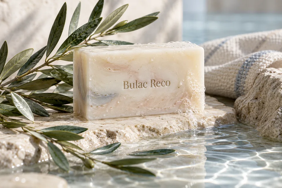 Olive leaves and clear water on warm natural stone