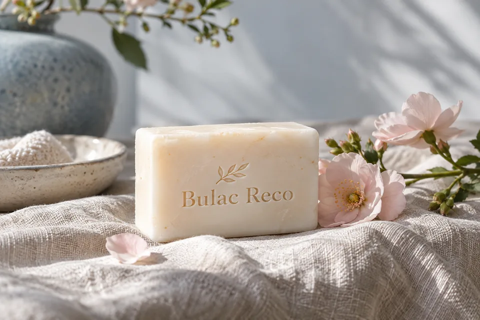 Ivory soap with pale pink flowers arranged on natural linen