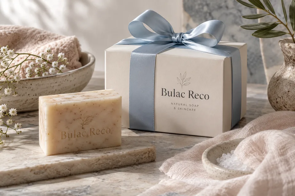 A cream gift box wrapped with a pale blue ribbon beside soap