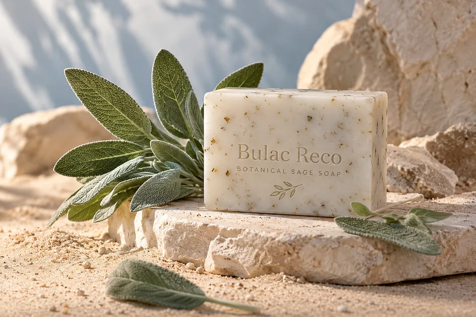 Sage leaves and a soap bar arranged on pale sand
