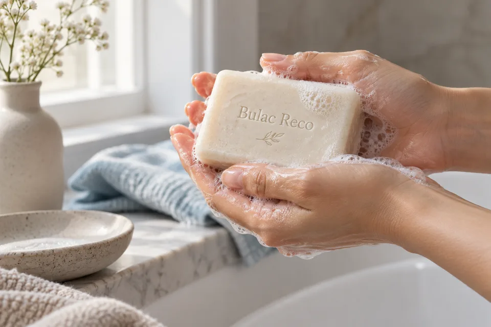 Hands holding an ivory cleansing bar in soft daylight