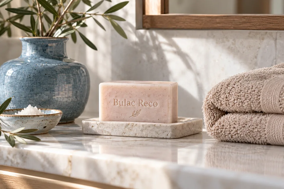 A quiet washroom shelf with a blue vessel, folded towels, and a soap bar