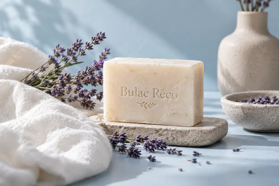 Lavender and a soap bar against a powder blue background