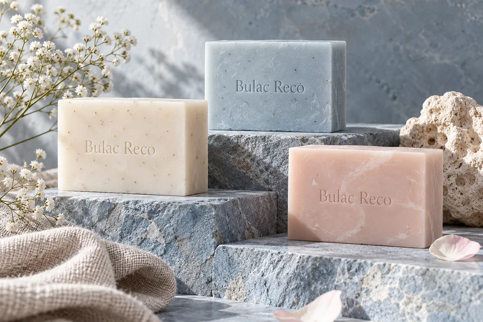 Three pastel soap bars on blue stone steps